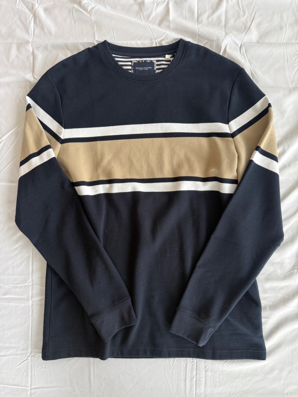 NWT Denim & Flower Ricky Singh Mens Large Navy Tan Striped Knit Sweater